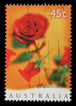 Stamp printed in Australia shows the Rose, Greetings issue, circa 1997