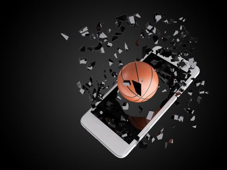 basketball burst out of the smartphone, technology background