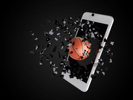 basketball burst out of the smartphone, technology background