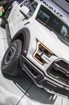 DETROIT - JANUARY 17 :The 2017 Ford Raptor pickup truck at The North American International Auto Show January 17, 2016 in Detroit, Michigan.