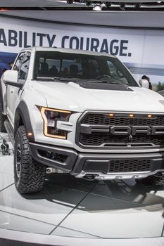 DETROIT - JANUARY 17 :The 2017 Ford Raptor pickup truck at The North American International Auto Show January 17, 2016 in Detroit, Michigan.
