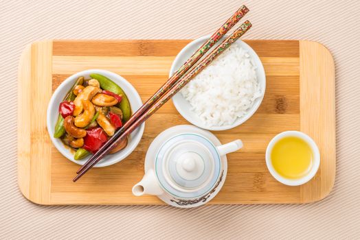 Chinese cashew chicken photographed from an overhead vantage point.