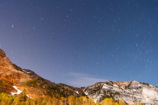 Circular Star trails above a mountain near the base of Snowbird Utah