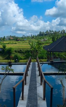 Pavilions on the background of the rice fields in Bali in Indonesia