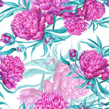 Seamless hand-painted botanical illustration with detailed pink peony flowers on white background