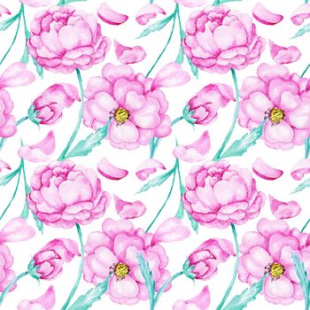 Pink textile and wallpaper background with spring flowers