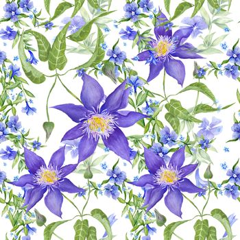Watercolor seamless texture with garden flowers - periwinkle and clematis on white background 