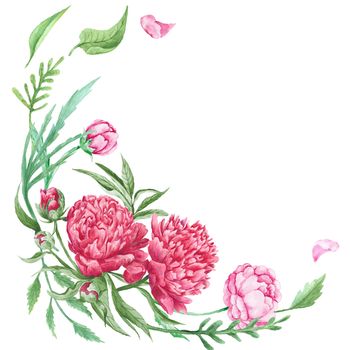 Watercolor botanical illustration with pink hand-painted flowers and leaves for romantic design