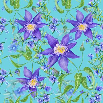Seamless watercolor country pattern with purple and blue clematis and periwinkle flowers on turquoise background