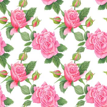 Seamless hand-painted romantic floral background with pink roses and buds