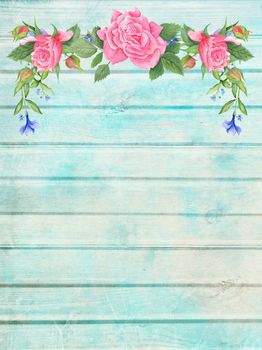 Vintage plank texture with watercolor botanical rose  wreath 