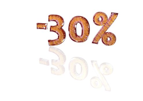 Transparent inscription minus 30 percent with a set of gold signs of percent in it