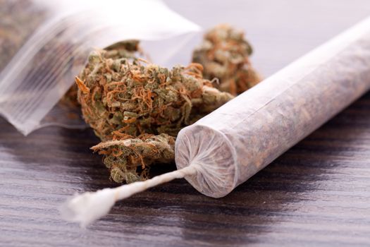 Close up of dried marijuana leaves and tied end of marijuana joint with translucent rolling paper on white background
