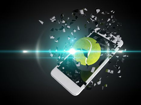 tennis ball burst out of the smartphone, technology background