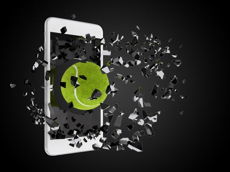 tennis ball burst out of the smartphone, technology background