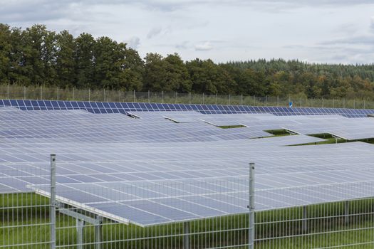 Field with blue siliciom solar cells alternative energy to collect sun energy