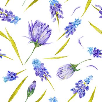 Seamless hand-painted watercolor illustration with purple flowers and green leaves on white background