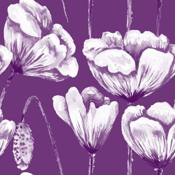 Seamless background with white flowers painted on violet background for textile and wallpaper prints, tiles, romantic and fresh