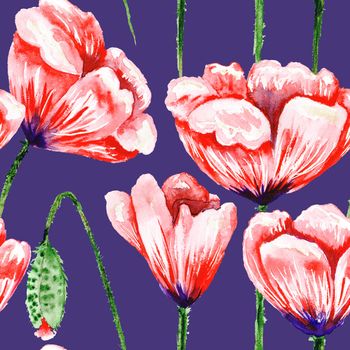 Seamless artistic background with red poppy flowers for textile and wallpaper design, romantic passion style, bright colors, hand-painted illustration