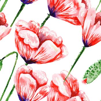 Seamless hand-painted background with red flowers for modern design - wallpaper, textile, fabric. Romantic fresh floral passion style