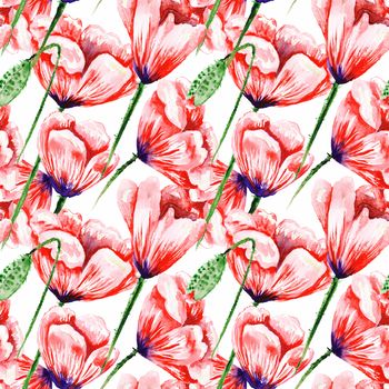Seamless hand-painted background with red flowers for modern design - wallpaper, textile, fabric. Romantic fresh floral passion style