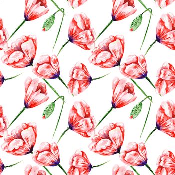Beautiful hand-painted watercolor seamless background with red flowers for textile and wallpaper design, wedding style, romantic and passion