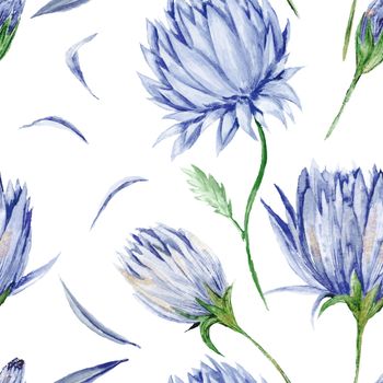 Seamless watercolor background with blue flowers isolated on white background, soft and tender, for romantic design such as wallpapers, bedroom, textile, cards