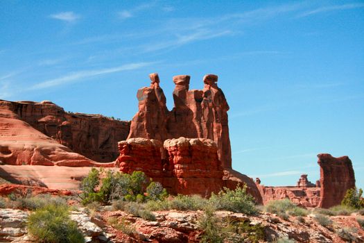 Three Gossips Hoodoo red rock formations in the Arches National Park Near Moab Utah, USA.