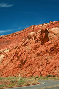 The highway coming into Arches National Park near Moab Utah, USA.