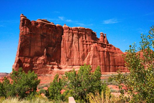 Tower of Babel in the Courthouse Towers formation in Arches National Park, Utah USA. Sculpted from wind and rain erosion.