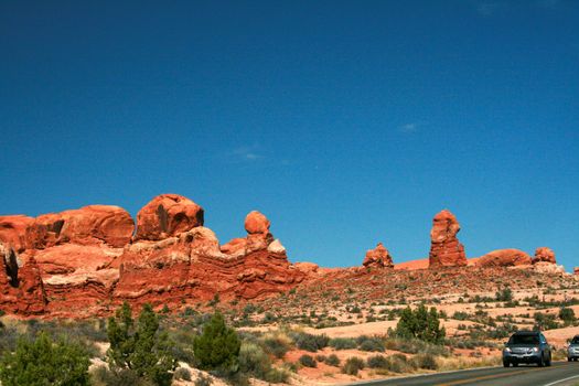 Monoliths of red rock called the Garden of Eden in Arches National Park near Moab Utah, USA