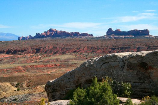 Monoliths of red rock called the Garden of Eden in Arches National Park near Moab Utah, USA