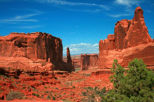 Park Avenue is red rock formations sculpted from Entrada Sandstone in Arches National Park Moab Utah, USA.