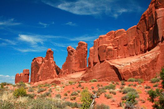 Park Avenue is red rock formations sculpted from Entrada Sandstone in Arches National Park Moab Utah, USA.