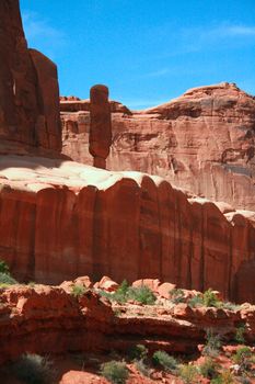 Entrada Sandstone carved for millions of years of weathering result in fantastic shapes in Arches National Park Moab Utah, USA.