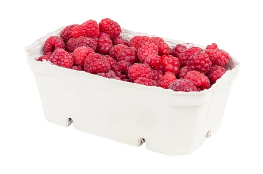 Raspberries in the box isolated on white background with clipping path