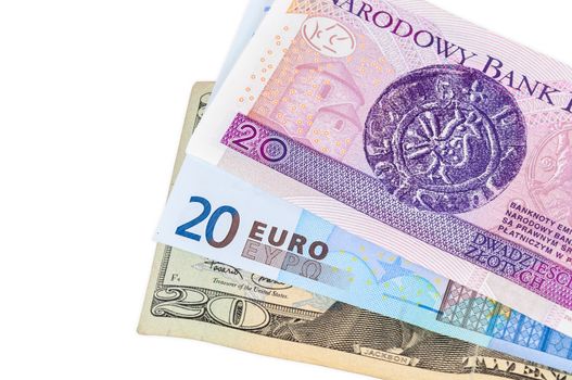 Banknotes of 20 dollars euro and polish zloty isolated on white background with clipping path