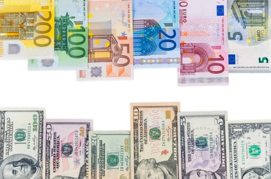 Dollar and euro banknotes isolated on white background with clipping path