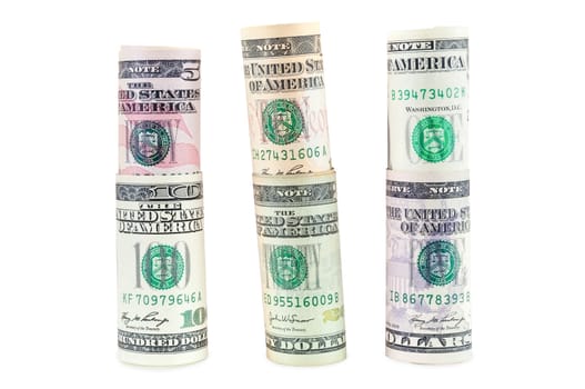 Rolled dollar banknotes isolated on white background with clipping path