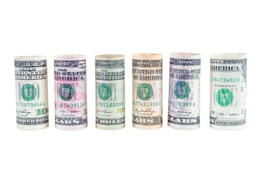 Rolled dollar banknotes isolated on white background with clipping path