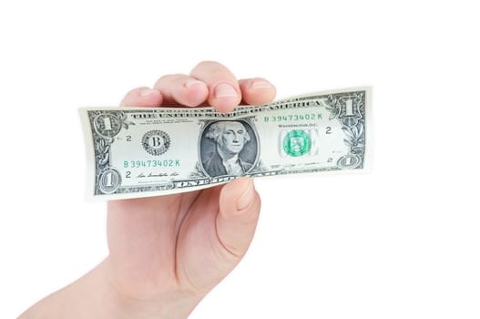 Hand holding 1 dollar banknote isolated on white background with clipping path
