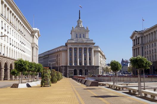 SOFIA, BULGARIA - SEPTEMBER 30, 2014: National Assembly (former Communist Party House), Council of Ministers and the Presidency buildings on Independence square in Sofia, Bulgaria 