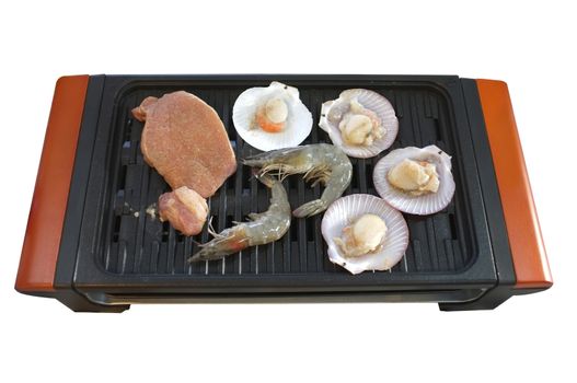 Seafood on enamel grilled stove