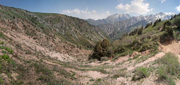 Panorama of Chimgan mountains, Uzbekistan, on a sunny day