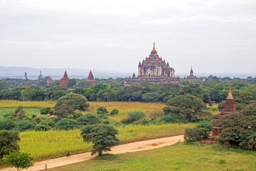 Many ancient pagodas in the landscape from Bagan in Myanmar