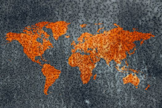 World decay, world map corrosion stained rusty metal surface out of cold neutral grey background
