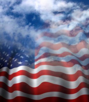 Illustration of the waving flag of the United States fading into a clouded blue sky.