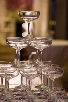 Stack of champagne glasses in wedding party