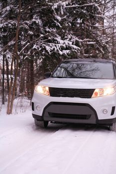 Modern car with glowing headlights on winter road across forest