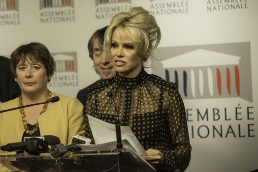 FRANCE, Paris : US actress Pamela Anderson gives a press conference after attending a session of questions to the Government at the French National Assembly in Paris on January 19, 2016.Former Baywatch star Pamela Anderson set feathers flying in the French parliament when she turned up to support a ban on force-feeding ducks and geese to make foie gras 
